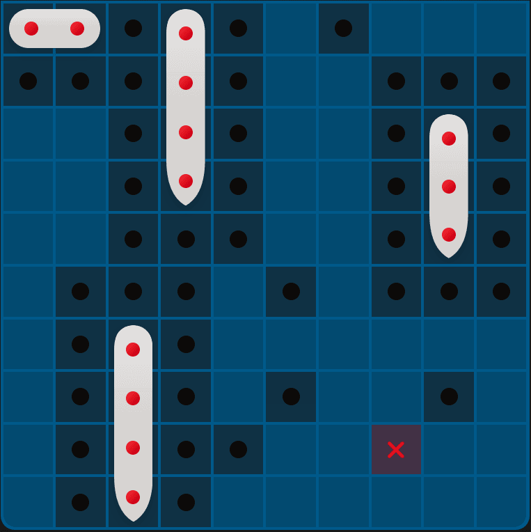 Sea Battle grid with hits, sunk ships and misses
