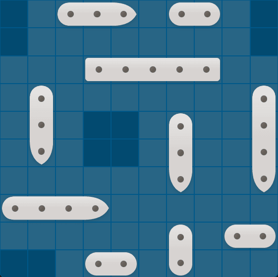 Example arrangement of your own Sea Battle fleet with the Battleship, 2 Cruisers, 3 Destroyers and 4 Submarines