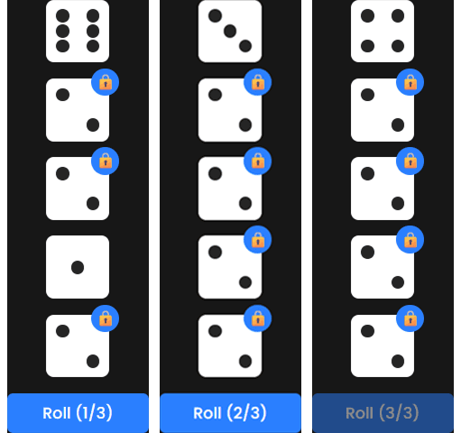 Yatzy three dice rolls