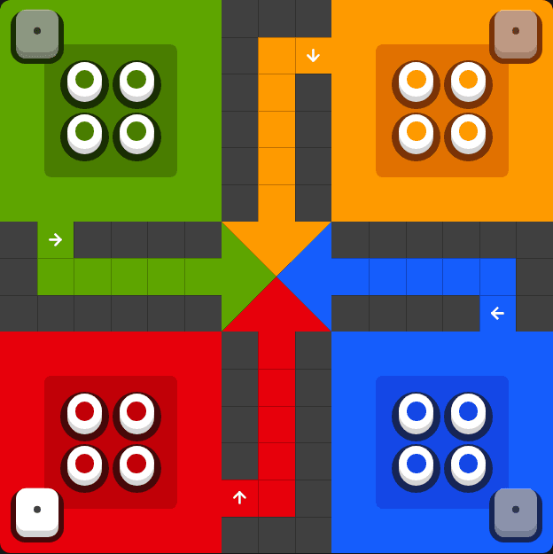 Ludo board with four bases, outer track, and colored home columns